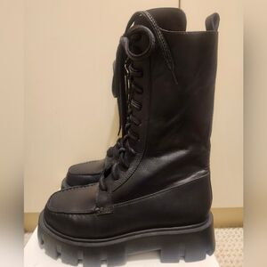 New Free People "Jones" Lug Sole Black Leather Lace-Up Combat Boots Sz.8.5 $278
